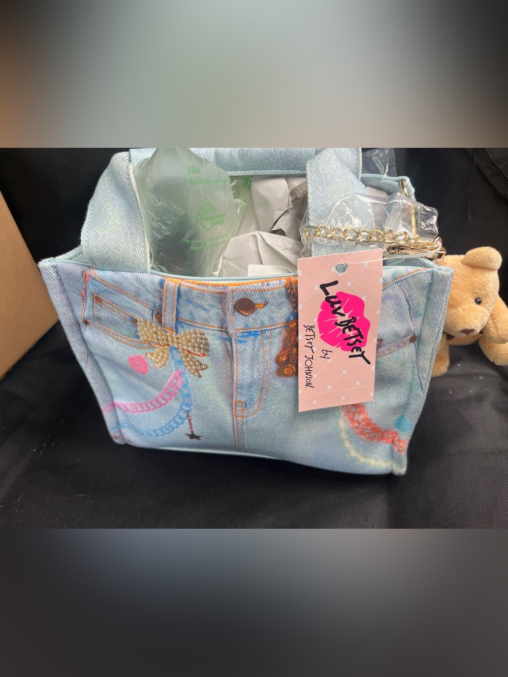Betsey Johnson Light Blue Denim Mini Tote Bag with Sparkle & Bear Charm NEW NWT